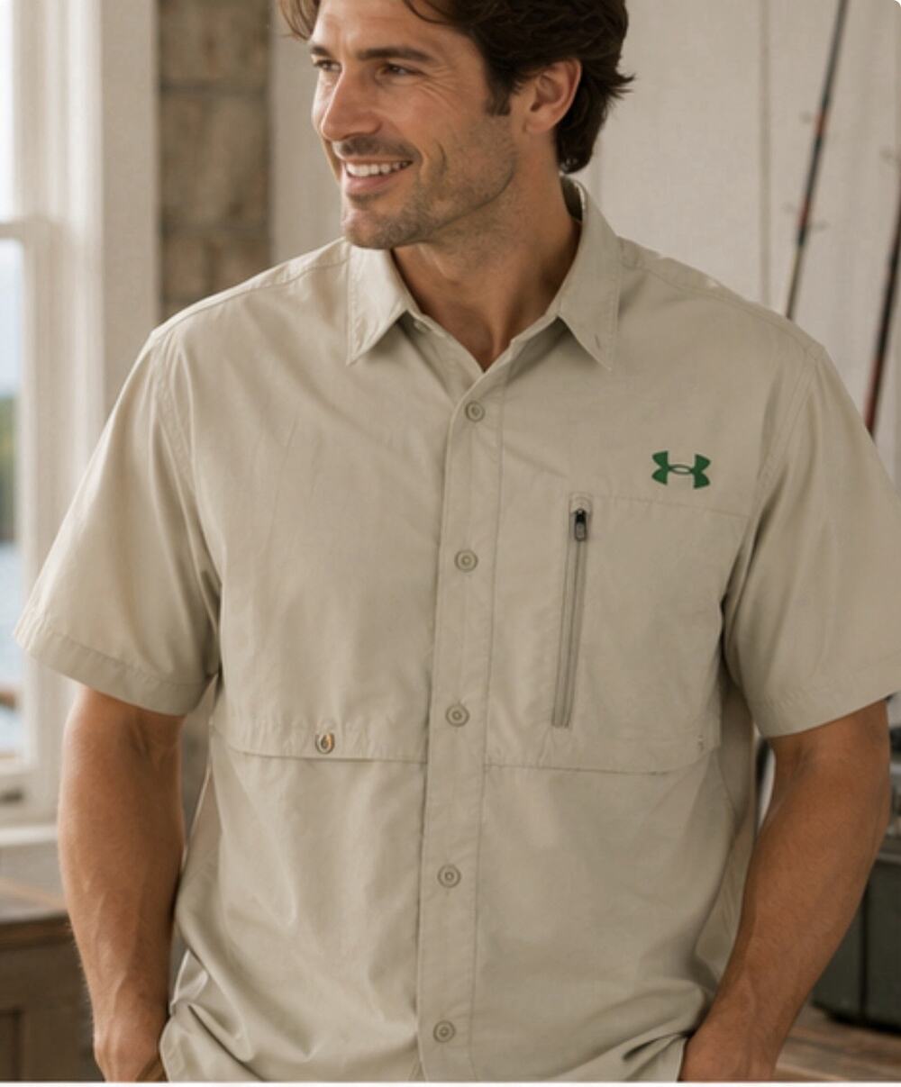 Under Armour Fish Hunter Button Up Shirt Khaki Vented Fishing Men’s XL
